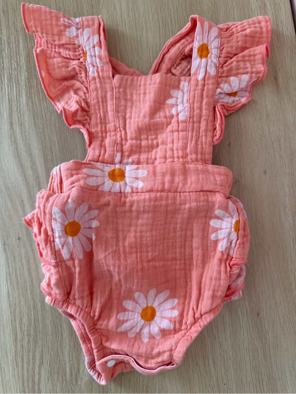 Coral Pink Daisy Muslin Romper
